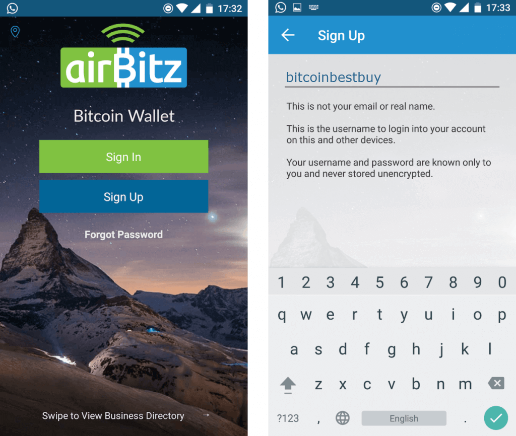 Registrer deg for Airbitz Bitcoin Wallet